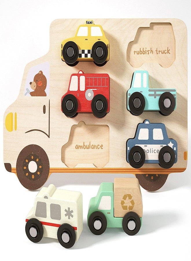 AIGIMU Wooden Toddler Puzzles,Montessori Puzzle for Toddlers 1-3,Montessori Toys for 1 2 3 Years Old Boys Girls Educational Toys with 6 Emergency and City Vehicles,Wooden Toy Cars for Toddler 1-3 - Image 1